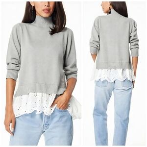Roller Rabbit Cashmere Eyelet Peplum Gray White Sweater, L